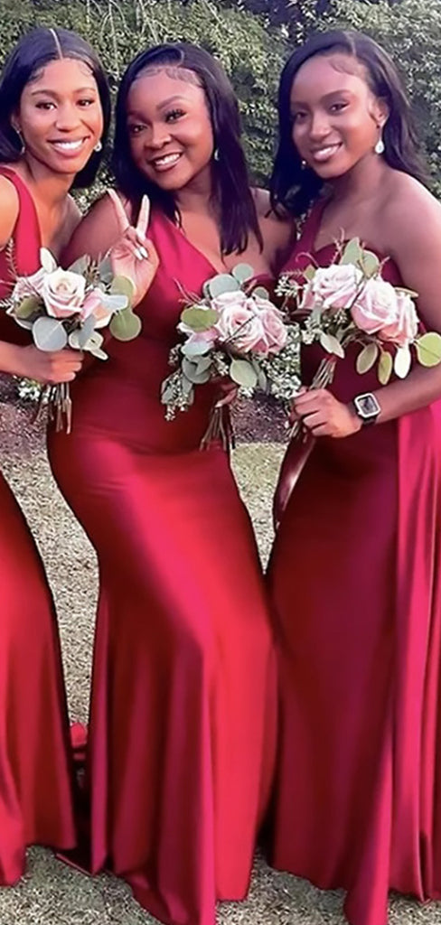 Elegant Red One Shoulder Mermaid Simple Cheap Bridesmaid Dresses ,BD90