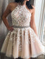 Gorgeous Elegant Halter Lace Appliques A-line Beading Short Homecoming Dresses with Pleats, HD278