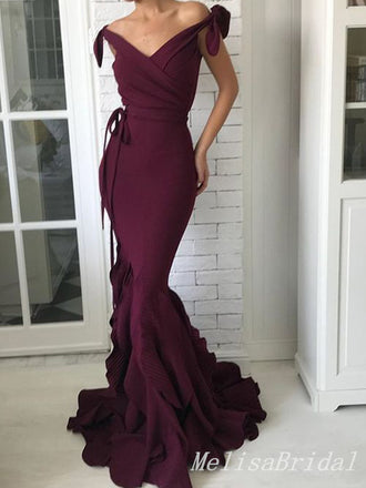 Sexy Burgundy Off-the-shoulder Mermaid V-neck Mermaid Evening Gown Long Formal Dresses Prom Dresses ,MB353