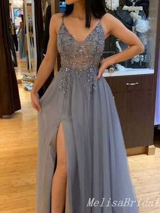 Sexy Elegant Side Slit A-line Appliques Beading Evening Gown Long Prom Dresses  ,MB280