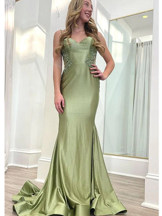 Elegant Green Spaghetti Straps Mermaid Pleats Sweetheart Long Evening  Prom Dresses,MB11