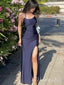 Elegant Black Spaghetti Straps Side Slit Mermaid Sleeveless Cheap Simple Evening Prom Dresses,MB154
