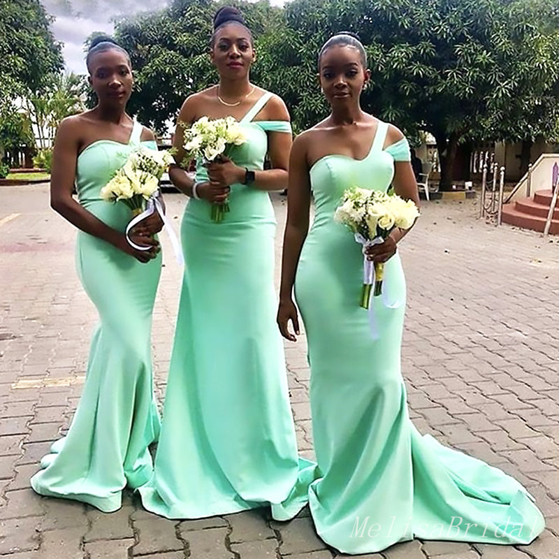 Elegant Green Off Shoulder Simple Cheap Mermaid Long Bridesmaid Dresses ,BD129