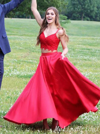Red Two Pieces Spaghetti Straps A-Line Lace Appliques Evening Gown Maxi Long Formal Dresses Prom Dresses,MB578