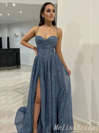 Sexy Sparkly Lace Up Back Spaghetti Straps Sweetheart A-line Evening Gown Long Formal Dresses Prom Dresses with Side Slit ,MB374