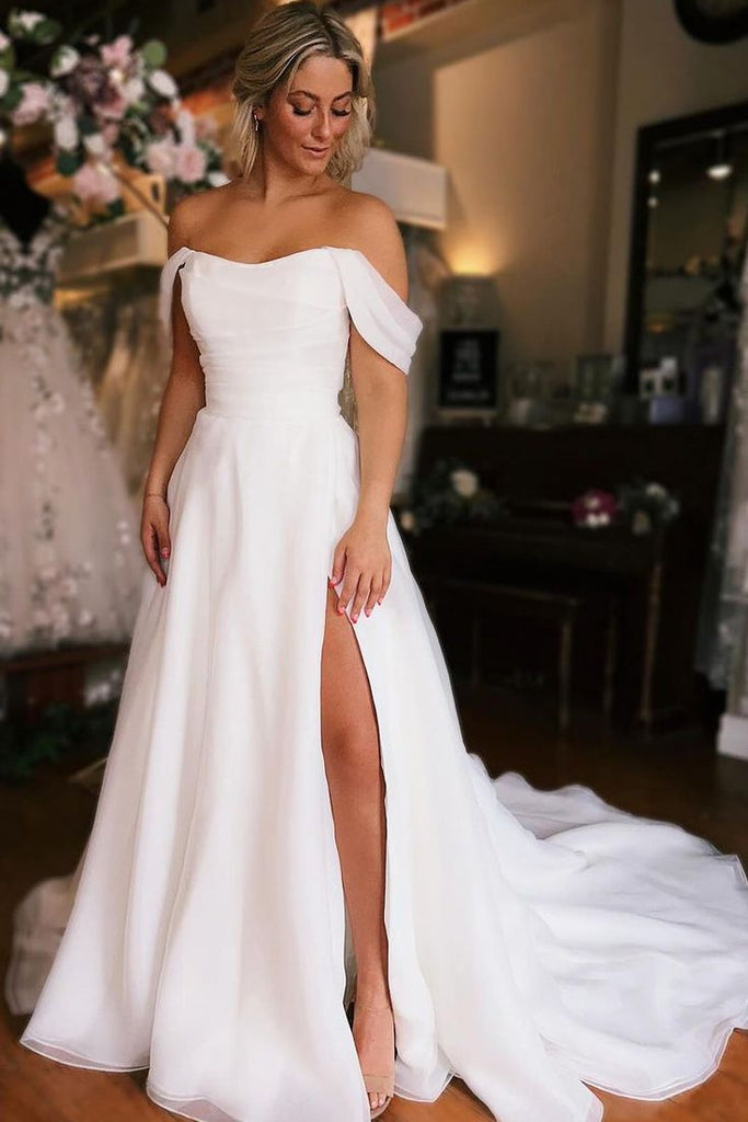 Elegant White Simple Cheap Off Shoulder Strapless A-Line Long Wedding Dresses,WD48