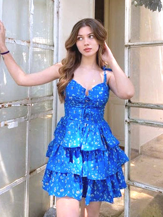 Elegant Blue Spaghetti Straps Ruffle Short Homecoming Dresses, HD21
