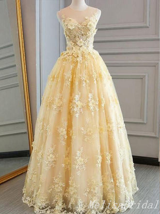 Enchanting Elegant Yellow A-line Lace Floral Appliques Tulle Evening Gown Long Prom Dresses with Pleats,MB336