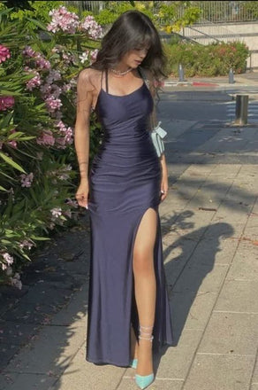Elegant Black Spaghetti Straps Side Slit Mermaid Sleeveless Cheap Simple Evening Prom Dresses,MB154