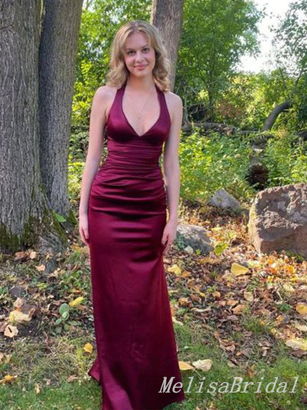 Sexy Burgundy V Neck Mermaid Long Prom Dresses to Impress ,MB945