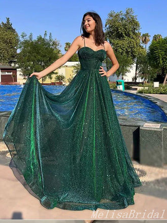 Green Spaghetti Straps Sweetheart Sparkle A-Line Evening Gown Maxi Long Evening Party Prom Dresses ,MB610