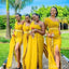 Yellow One Shoulder Mermaid Long Bridesmaid Dresses with Slit,BD233