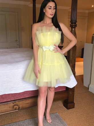 Elegant Yellow Strapless Tulle Simple Cheap Short Homecoming Dresses, HD40