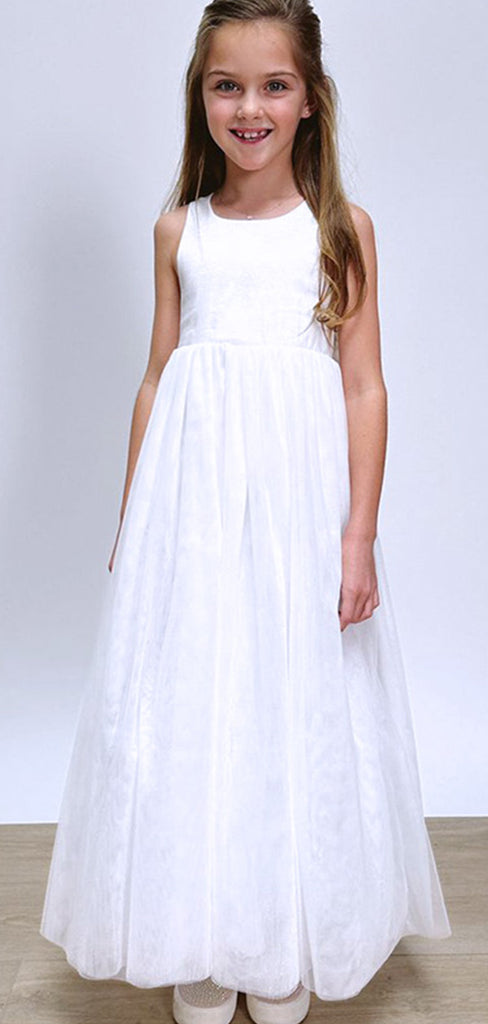 Simple White  A- Line Sleeveless Tulle Cheap Long Flower Girl Dresses ,FG22