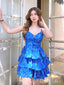 Elegant Blue Spaghetti Straps Ruffle Short Homecoming Dresses, HD21