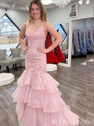 Elegant Light Pink Lace Appliques Layer V-Neck Mermaid Evening Gown Maxi Long Formal Dresses Prom Dresses With Ruffles,MB410