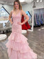 Elegant Light Pink Lace Appliques Layer V-Neck Mermaid Evening Gown Maxi Long Formal Dresses Prom Dresses With Ruffles,MB410