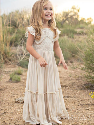 Ivory White Chiffon Lace Appliques A- Line Cheap Simple Long Flower Girl Dresses ,FG36