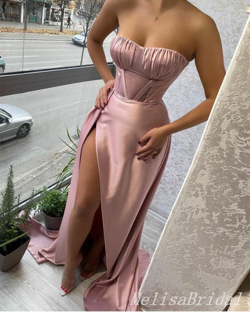 Sexy Strapless High Slit Evening Gown Long Prom Dresses with Pleats,MB267