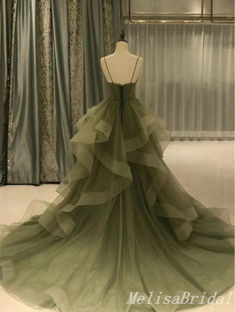 Green Spaghetti Straps Sweetheart Evening Gown Maxi Long Formal Dresses Prom Dresses With Ruffles,MB550