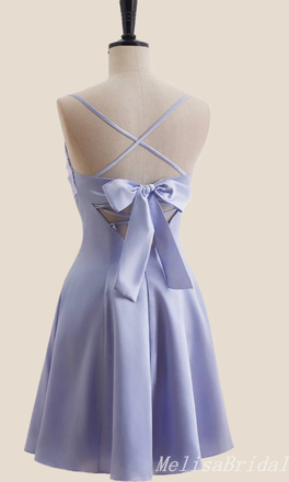 Elegant Light Purple Spaghetti Straps Straight Neck A-Line Bow Knot Lace Up Back Short Homecoming Dresses , HD320