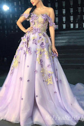 Lilac Flower Appliques A-line Off-the-shoulder Evening Gown Long Evening Party Prom Dresses,MB816