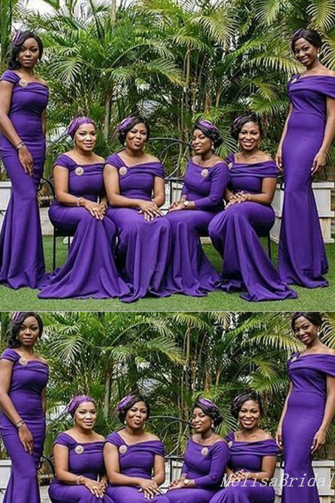 Purple Off Shoulder Mermaid Long Bridesmaid Dresses ,BD208