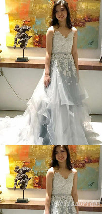 Fluffy V-Neck Spaghetti Straps A-Line Lace Appliques Evening Gown Maxi Long Formal Dresses Prom Dresses,MB579