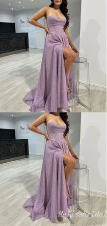 Sexy Sparkly Lace Up Back Spaghetti Straps Sweetheart A-line Evening Gown Long Formal Dresses Prom Dresses with Side Slit ,MB375