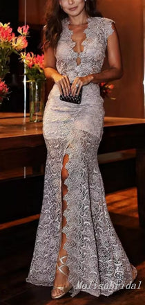 Gorgeous Sexy Plunging Deep V-neck Front Slit Lace Appliques Mermaid Evening Gown Long Formal Dresses Prom Dresses ,MB354