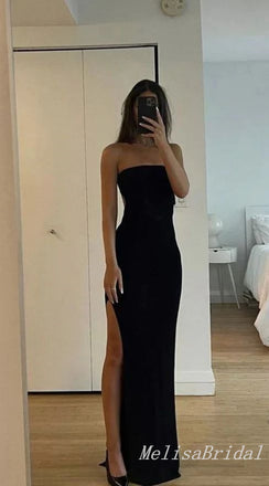 Sexy Simple Strapless Black Mermaid Long Prom Dresses to Impress with Slit,MB946