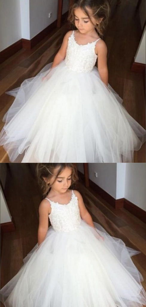 Cute Simple White Tulle Lace Appliques A-Line Cheap Long Flower Girl Dresses,FG57