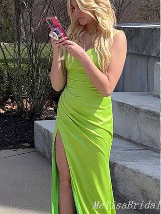 Charming Sexy High Slit Green Mermaid Spaghetti Straps Long Evening Gown Prom Dresses WIth Pleats ,MB196