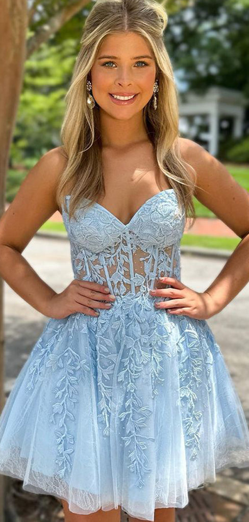 Sexy Cute A-line Blue Lace Appliques Tulle Short Homecoming Dresses , HD238