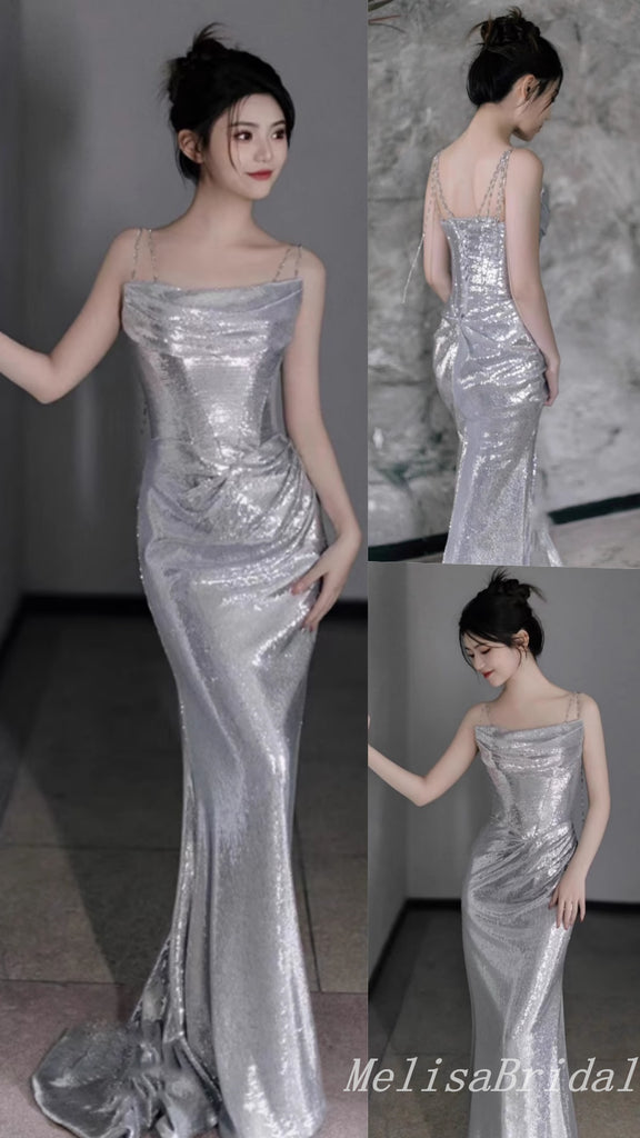 Gorgeous Shiny Sliver Spaghetti Straps Sheath Long Party Dress Prom Dresses,MB10941