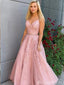Elegant Two Pieces Tulle Appliques Sweetheart Pink A-line Spaghetti Straps Long Evening Gown Prom Dresses ,MB197