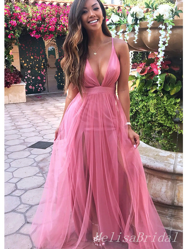 Sexy Pink V Neck Spaghetti Straps Strapless V Neck A-Line Long Evening Prom Dresses,MB97