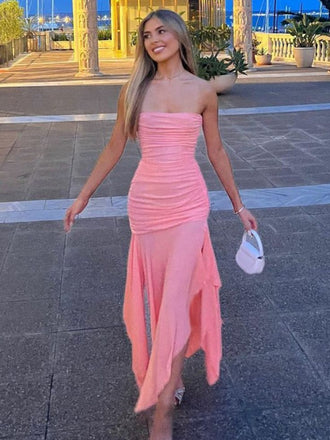 Elegant Pink Sleeveless Ruffle Pleats Mermaid Long Evening Prom Dresses,MB119