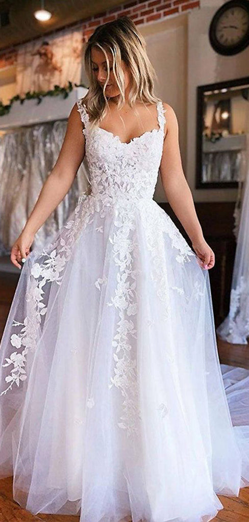 Elegant White Spaghetti Straps Off Shoulder Lace Appliques A-Line Long Wedding Dresses,WD49