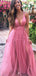 Sexy Pink V Neck Spaghetti Straps Strapless V Neck A-Line Long Evening Prom Dresses,MB97