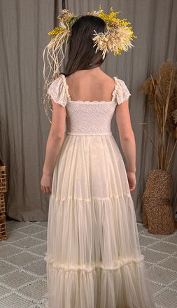 White Tulle Lace Appliques A- Line Cheap Simple Long Flower Girl Dresses ,FG37