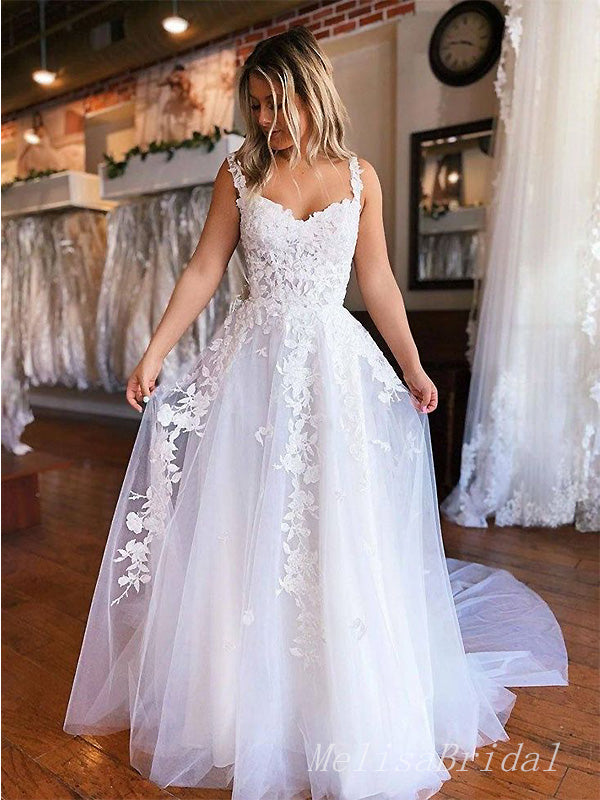 Elegant White Spaghetti Straps Off Shoulder Lace Appliques A-Line Long Wedding Dresses,WD49