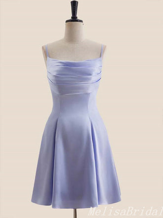 Elegant Light Purple Spaghetti Straps Straight Neck A-Line Bow Knot Lace Up Back Short Homecoming Dresses , HD320