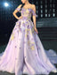 Lilac Flower Appliques A-line Off-the-shoulder Evening Gown Long Evening Party Prom Dresses,MB816