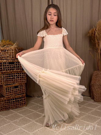 White Tulle Lace Appliques A- Line Cheap Simple Long Flower Girl Dresses ,FG37