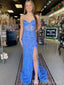 Elegant Blue Mermaid Lace Up Back Side Slit Beading Sequin Long Prom Dresses,MB12