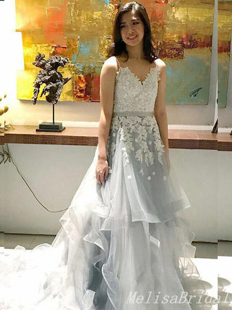 Fluffy V-Neck Spaghetti Straps A-Line Lace Appliques Evening Gown Maxi Long Formal Dresses Prom Dresses,MB579