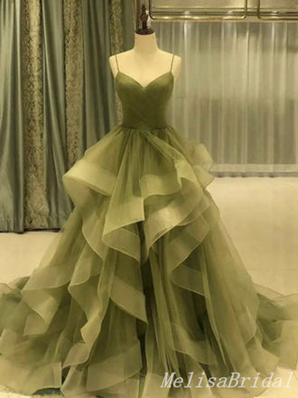 Green Spaghetti Straps Sweetheart Evening Gown Maxi Long Formal Dresses Prom Dresses With Ruffles,MB550