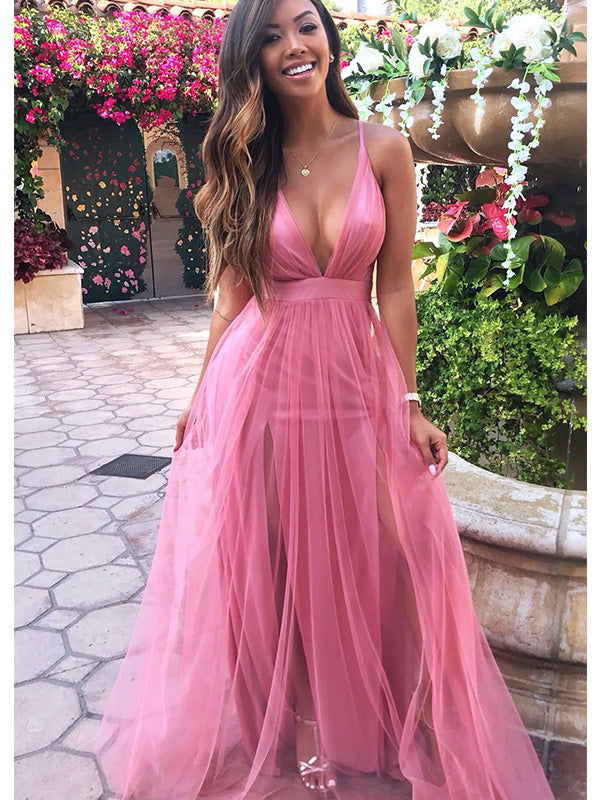 Sexy Pink V Neck Spaghetti Straps Strapless V Neck A-Line Long Evening Prom Dresses,MB97