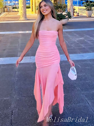 Elegant Pink Sleeveless Ruffle Pleats Mermaid Long Evening Prom Dresses,MB119